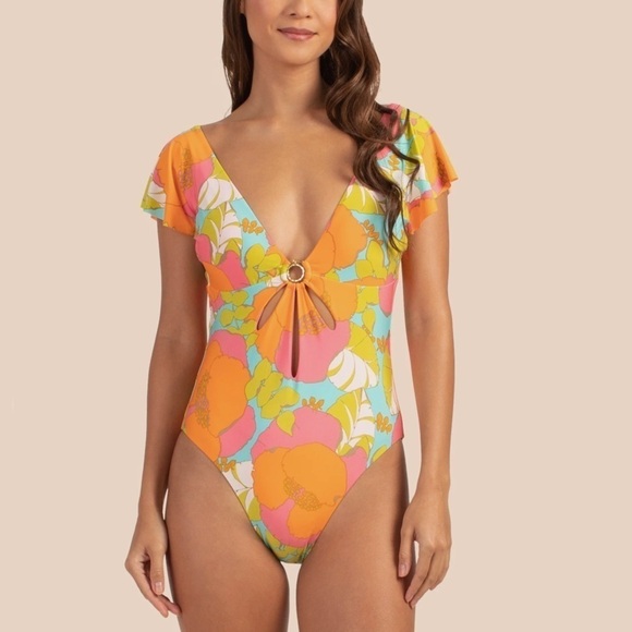 NWT Trina Turk Playa De Flor Floral Flutter Sleeve Cutout One Piece Swimsuit - Picture 1 of 9